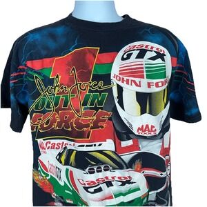 vintage 90s NHRA John Force Castrol GTX DRAG RACING ALL OVER PRINT T-Shirt Large